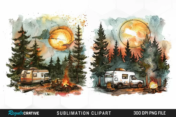 Watercolor Camping Illustration PNG Clipart