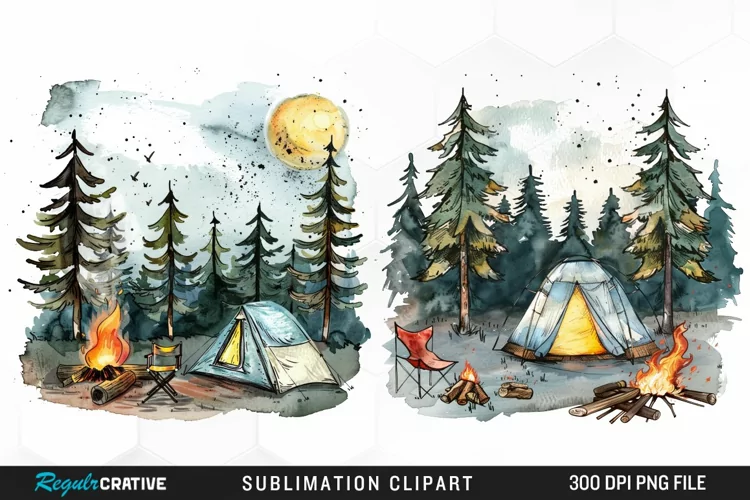 Watercolor Camping Sublimation PNG Clipart