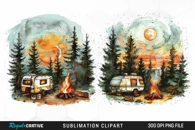 Watercolor Camping Illustration PNG Clipart