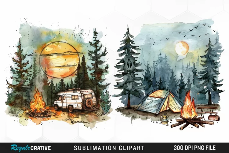 Watercolor Camping Sublimation PNG Clipart