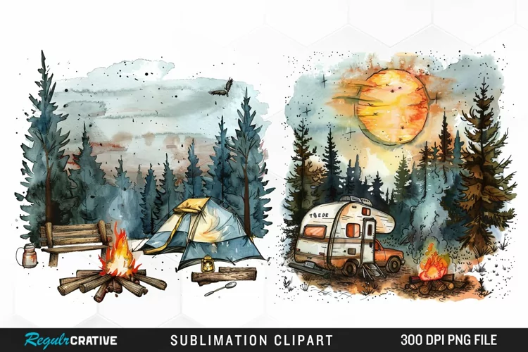 Watercolor Camping Illustration PNG Clipart