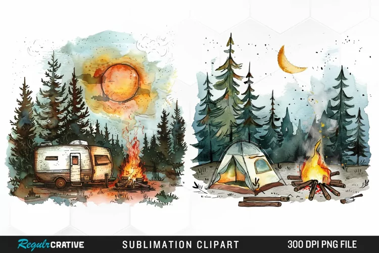 Watercolor Camping Illustration PNG Clipart