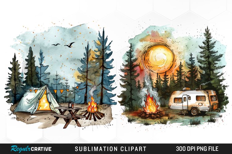 Watercolor Camping Sublimation PNG Clipart example image 1