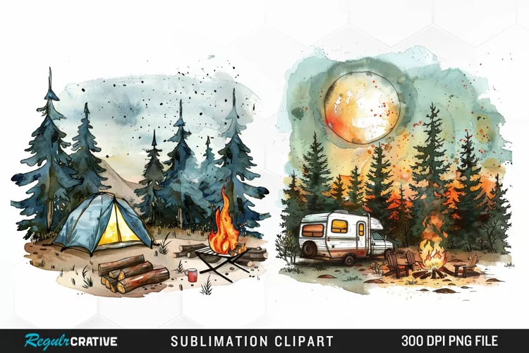 Watercolor Camping Sublimation PNG Clipart