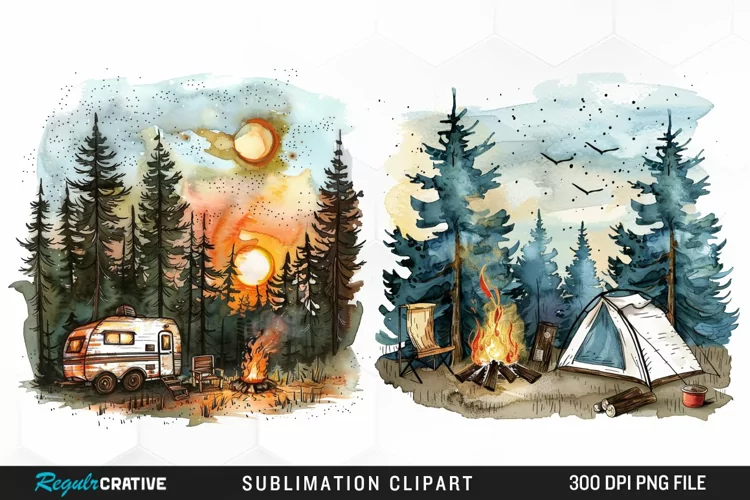 Watercolor Camping Sublimation PNG Clipart