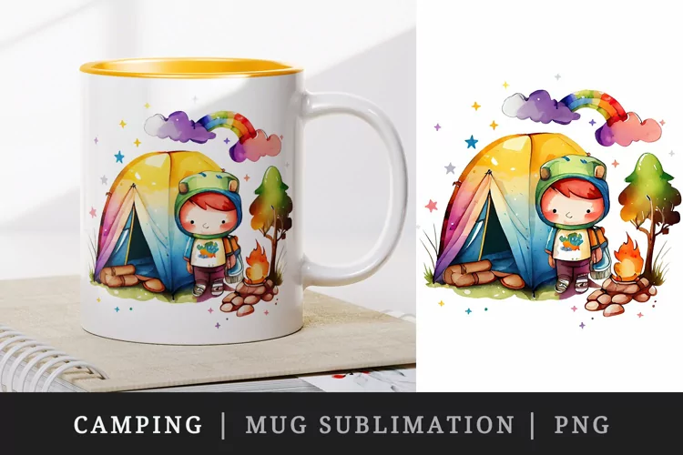 Cute Camping mug, coffee cup wrap sublimation design png