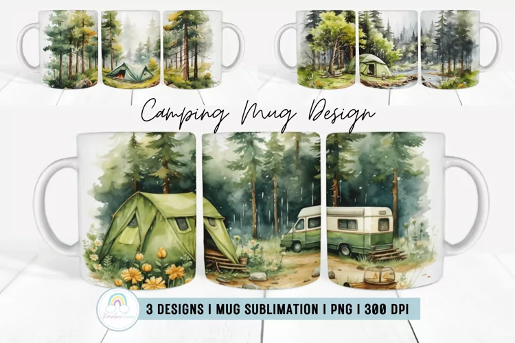 Watercolor Camping Mug Wrap Sublimation