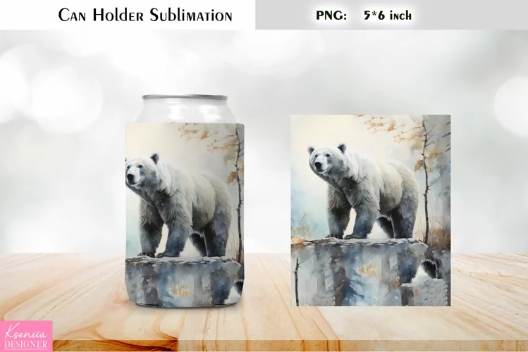 White Bear Can Cooler Wrap|Watercolor Can Holder Sublimation