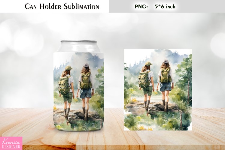 Besties Can Cooler Wrap |Watercolor Hiking Can Holder