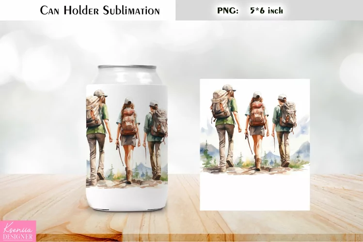Besties Can Cooler Wrap |Watercolor Hiking Can Holder