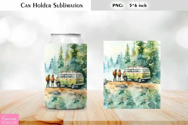 Camping Can Cooler Wrap |Watercolor Can Holder Sublimation
