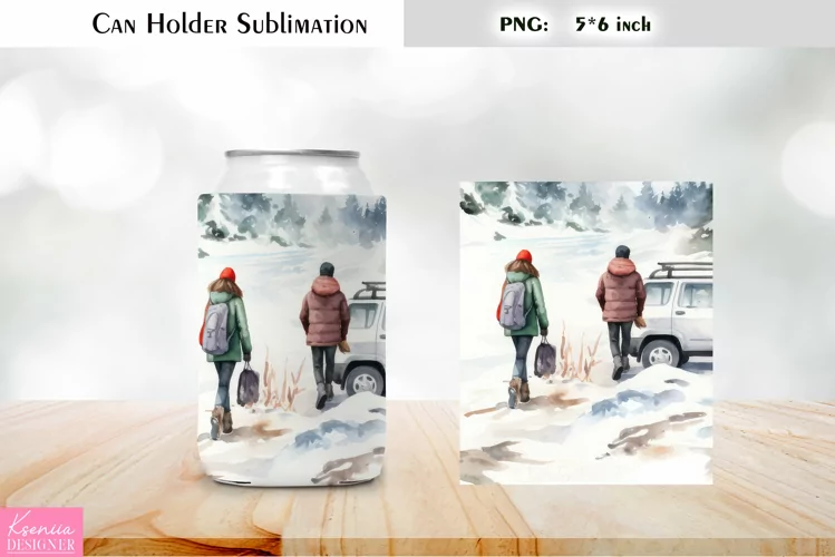 Winter Camping Can Cooler Wrap |Watercolor Can Holder