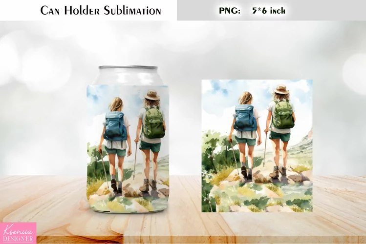 Girls Can Cooler Wrap |Watercolor Hiking Can Holder