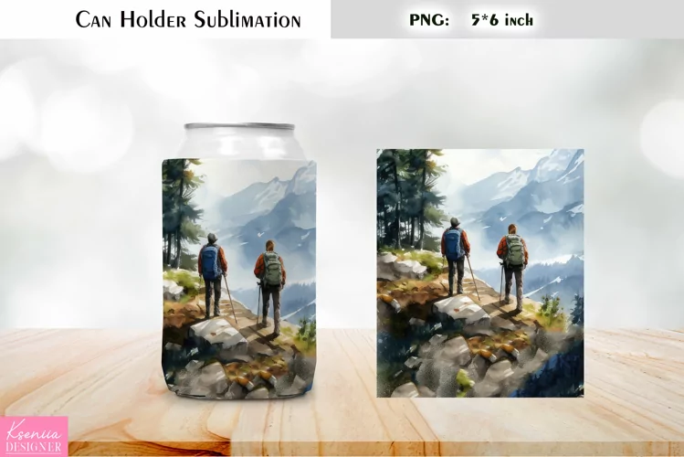 Hiking Can Cooler Wrap |Watercolor Can Holder Sublimation