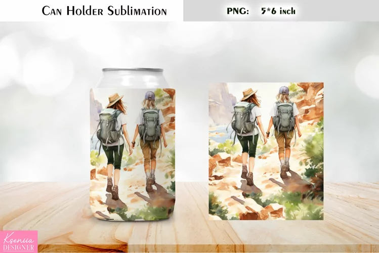 Girls Can Cooler Wrap |Watercolor Hiking Can Holder