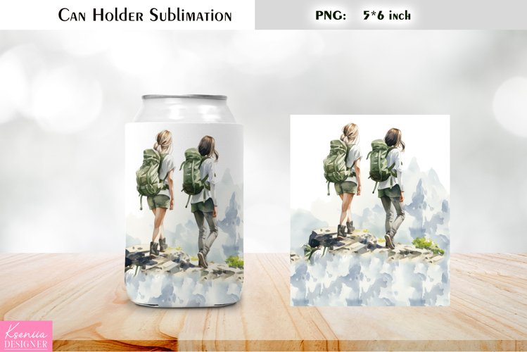 Besties Can Cooler Wrap |Watercolor Hiking Can Holder