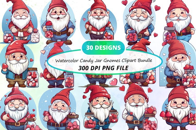 Watercolor Candy Jar Gnomes Clipart Bundle
