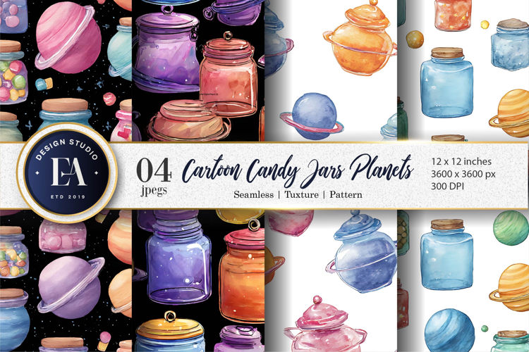 Watercolor Candy Jars Shaped as Planets Digital Paper
