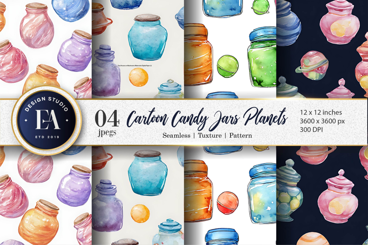 Watercolor Candy Jars Shaped as Planets Digital Paper