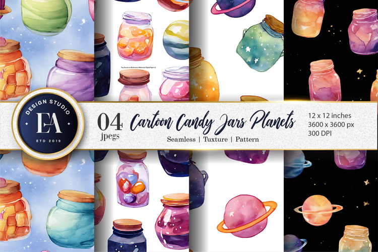 Cartoon Candy Planets in Jars Seamless Digital Paper