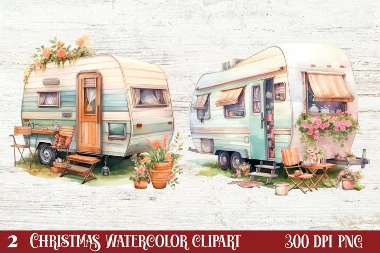 Watercolor Caravan Clipart, Caravan Clipart, Caravan