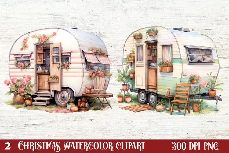 Watercolor Caravan Clipart, Caravan Clipart, Caravan