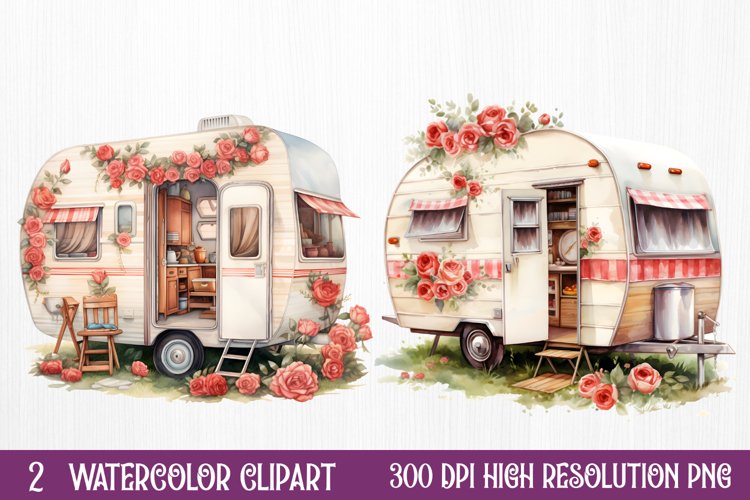 Watercolor Caravan Sublimation Clipart example image 1