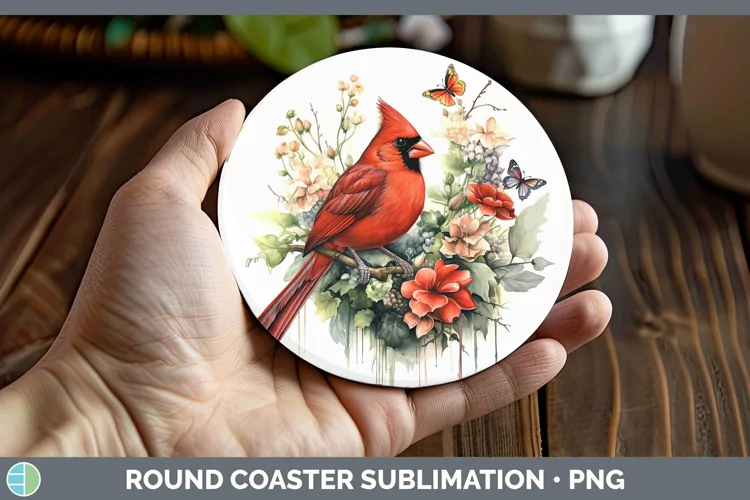 Watercolor Cardinal Round Coaster | Sublimation Coaster Desi