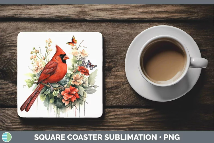 Watercolor Cardinal Square Coaster | Sublimation Coaster Des