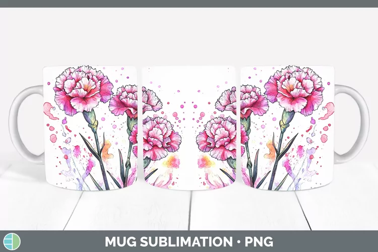 Watercolor Carnation Mug Wrap Sublimation Coffee Cup Designs