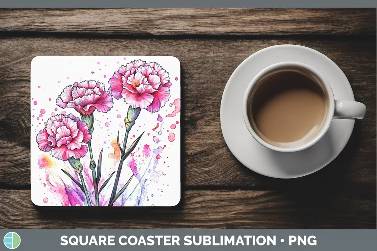 Watercolor Carnation Square Coaster Sublimation Coaster Desi