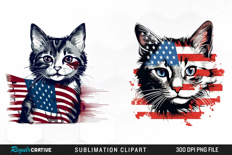Watercolor Patriotic Cat Sublimation PNG Clipart