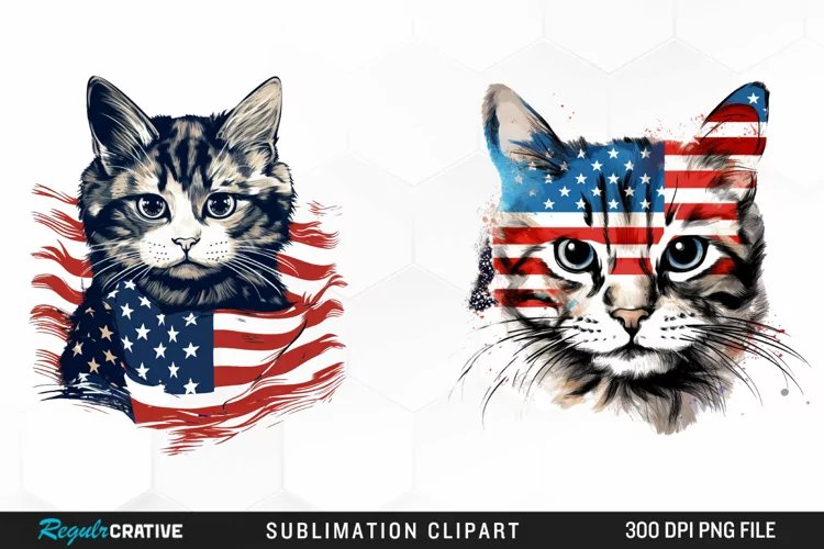 Watercolor Patriotic Cat Sublimation PNG Clipart