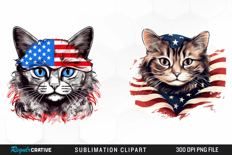 Watercolor Patriotic Cat Sublimation PNG Clipart