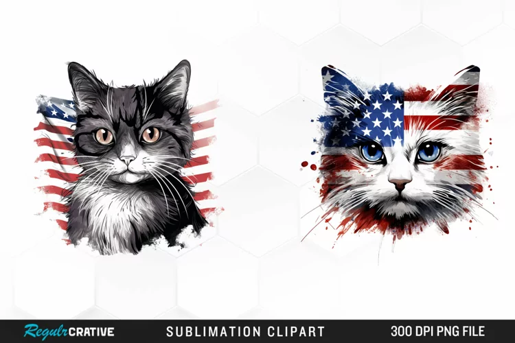 Watercolor Patriotic Cat Sublimation PNG Clipart