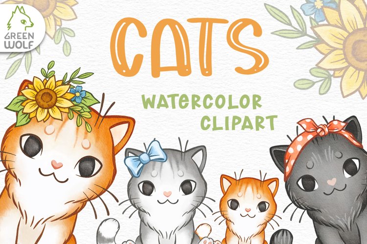 Cute watercolor cats clipart with bandana, bow and sunflower