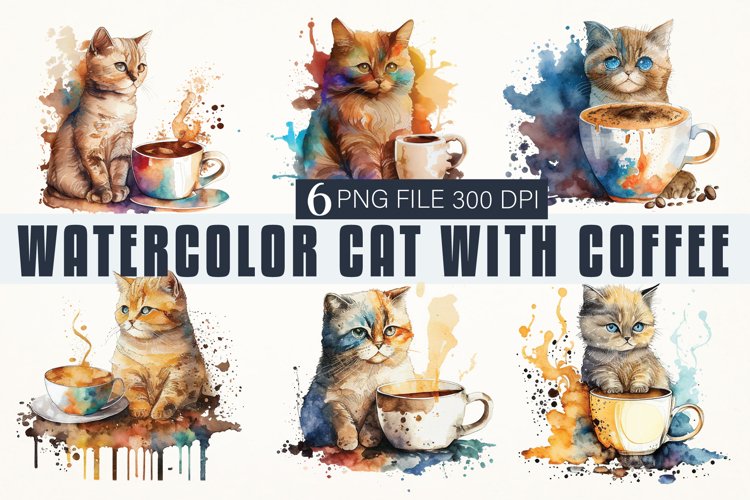 Cat With Coffee Watercolor Sublimation PNG Bundle