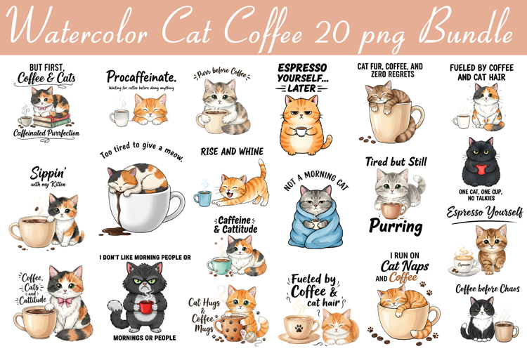 Watercolor Cat Coffee PNG Bundle