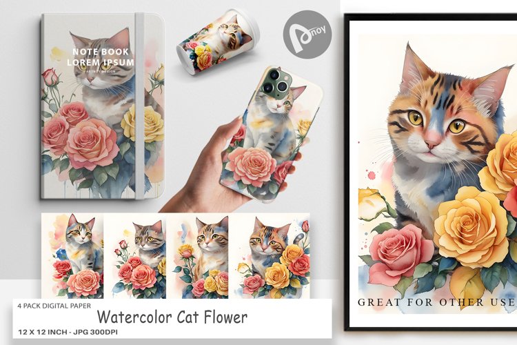 Digital Paper Watercolor Cat Flower