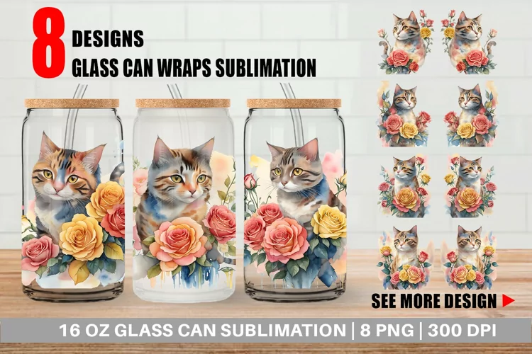 Watercolor Cat Flower Glass Can Wraps