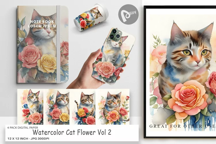 Digital Paper Watercolor Cat Flower