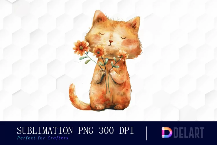 Cat Holding Flower Sublimation PNG Clipart