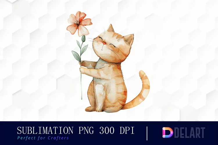 Cat Holding Flower Sublimation PNG Clipart