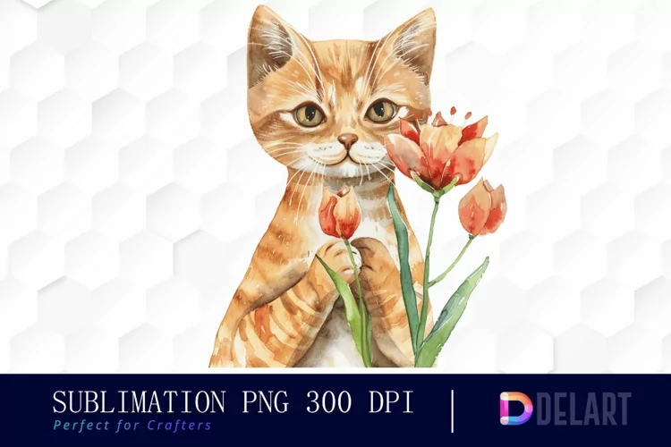 Cat Holding Flower Graphics Clipart