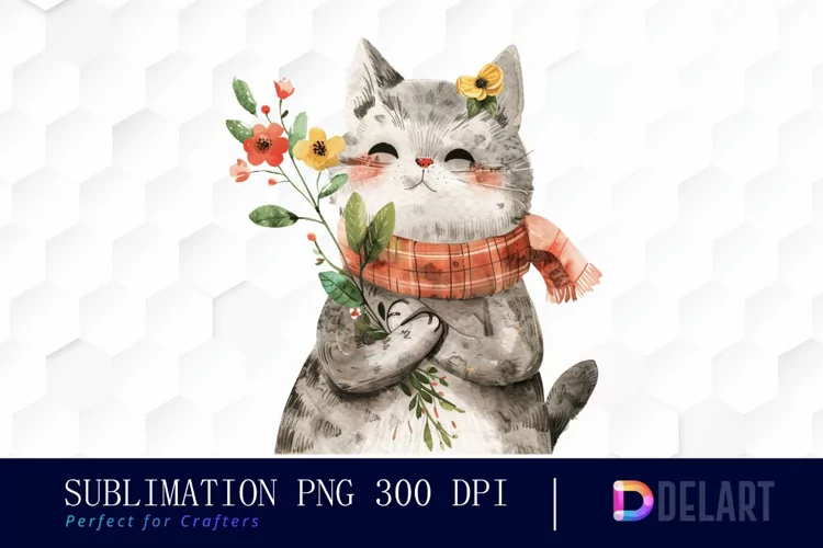 Cat Holding Flower Watercolor Clipart