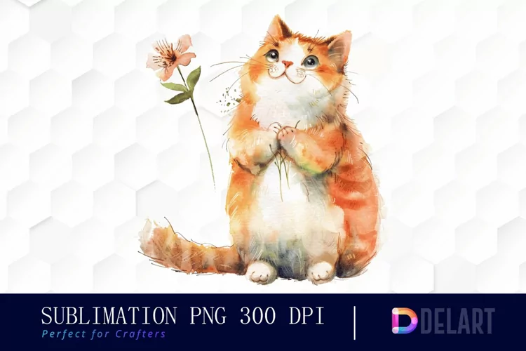 Cat Holding Flower Illustration Clipart