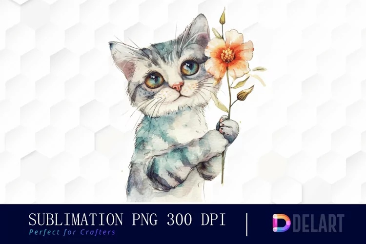 Cat Holding Flower Graphics Clipart