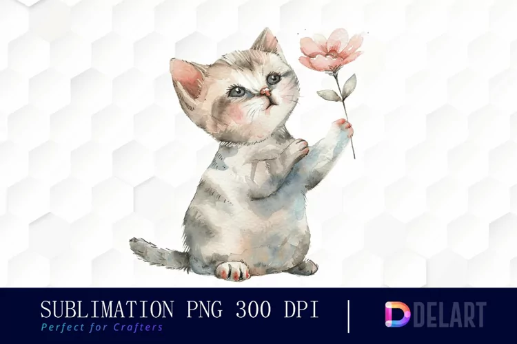 Cat Holding Flower Illustration Clipart