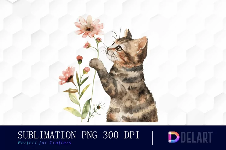 Cat Holding Flower Watercolor Clipart