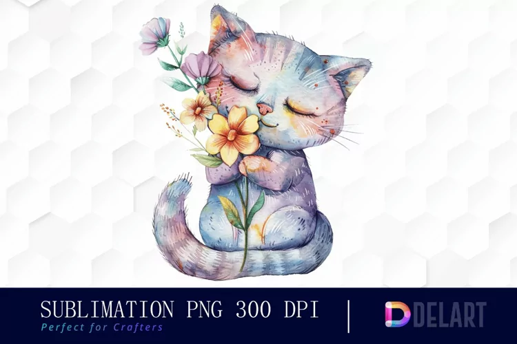Cat Holding Flower Illustration Clipart
